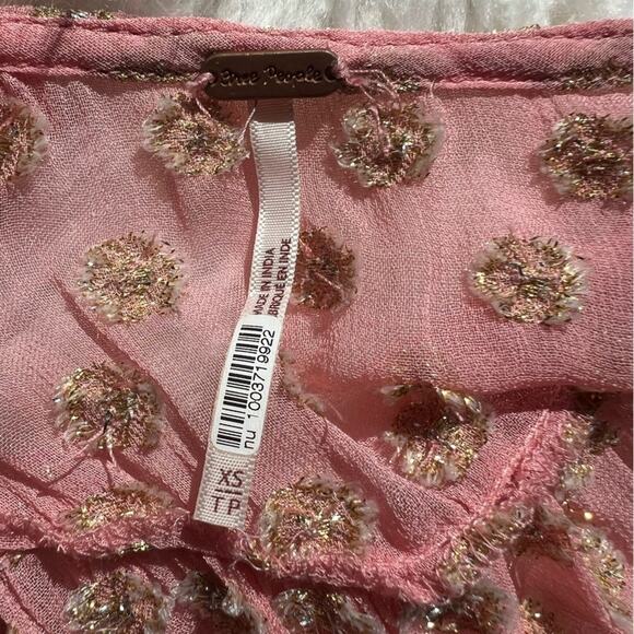 FREE PEOPLE SOPHIA TIERED SLIP DRESS OPEN BACK PINK GOLD POLKA DOTS XS - Picture 6 of 7